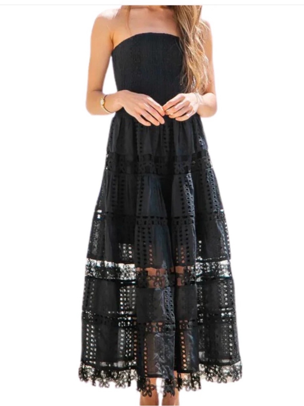 Nordstrom Strapless Black Eyelet Lace Tiered Maxi Dress